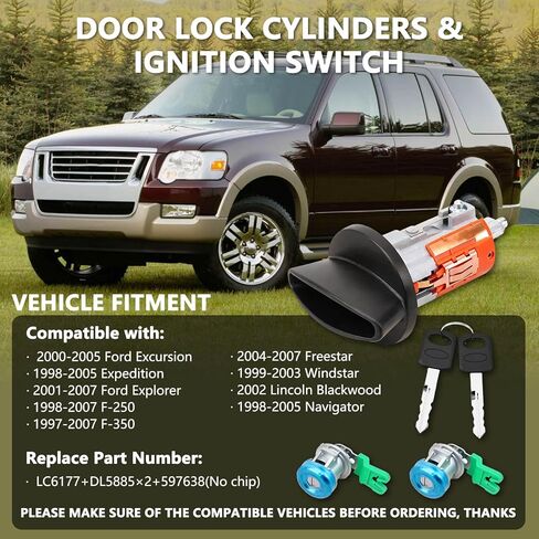 RAMATA Ignition Switch Front Door Lock Cylinder with Keys, Fit for 1997-2007 Ford F250 F350, Excursion & More, Lincoln Blackwood, Navigator, Replace LC6177 + DL5885 X2 + 597638(No chip) in Saudi Arabia