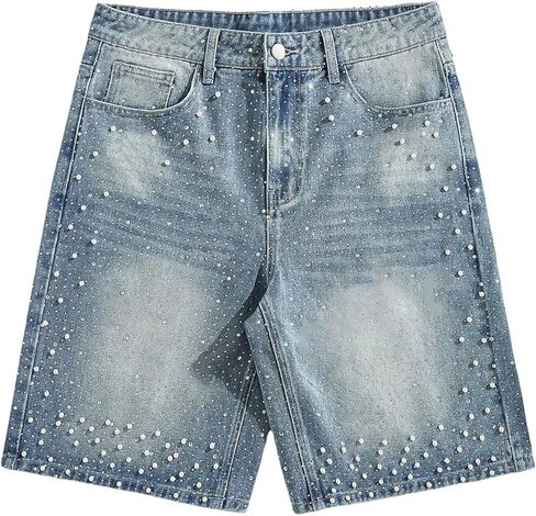GORGLITTER Men's Rhinestone Denim Jean Shorts Y2K Relaxed Fit Washed Bermuda Jorts Streetwear in Saudi Arabia
