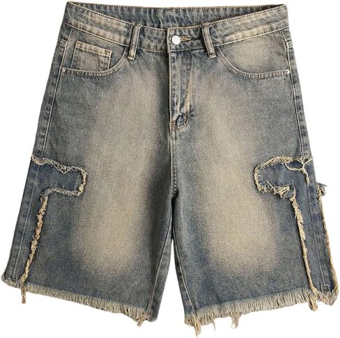 MakeMeChic Men's Ripped Jean Shorts Mid Waist Wide Leg Y2k Bermuda Denim Jorts Streetwear in Saudi Arabia