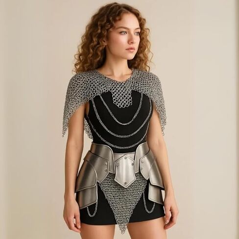 Medieval Lady Chainmail Armor with Tasset Belt – Female Knight Steel Chainmail Shoulder Mantle & Hip Armor for Cosplay, LARP & Halloween Costume in Saudi Arabia