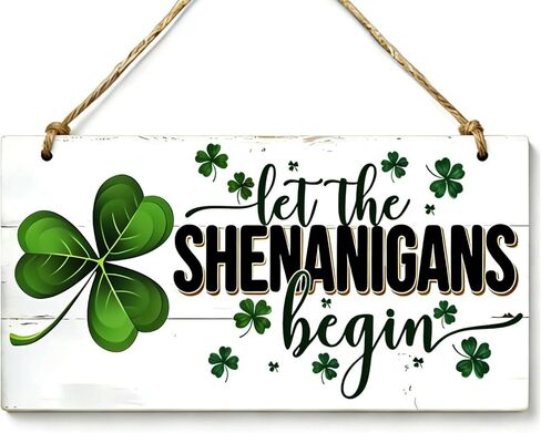 ديكورات خشبية معلقة لعيد القديس باتريك - "Let the Shenanigans Begin" لوحة فنية جدارية، لافتة للمنزل والباب، ديكور أيرلندي ذو طابع شامروك لمستلزمات حفلات القديس باتريك المنزلية (أبيض) in Kuwait