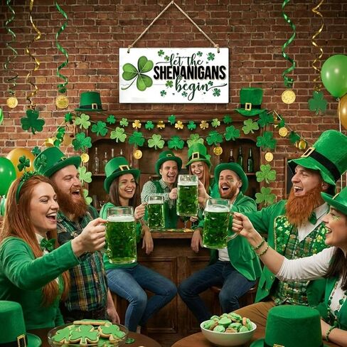 ديكورات خشبية معلقة لعيد القديس باتريك - "Let the Shenanigans Begin" لوحة فنية جدارية، لافتة للمنزل والباب، ديكور أيرلندي ذو طابع شامروك لمستلزمات حفلات القديس باتريك المنزلية (أبيض) in Kuwait
