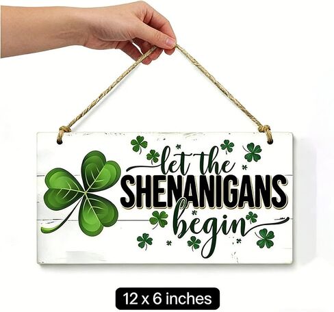 ديكورات خشبية معلقة لعيد القديس باتريك - "Let the Shenanigans Begin" لوحة فنية جدارية، لافتة للمنزل والباب، ديكور أيرلندي ذو طابع شامروك لمستلزمات حفلات القديس باتريك المنزلية (أبيض) in Kuwait