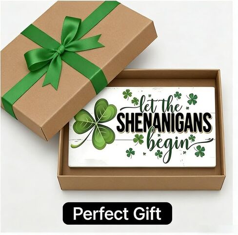 ديكورات خشبية معلقة لعيد القديس باتريك - "Let the Shenanigans Begin" لوحة فنية جدارية، لافتة للمنزل والباب، ديكور أيرلندي ذو طابع شامروك لمستلزمات حفلات القديس باتريك المنزلية (أبيض) in Kuwait