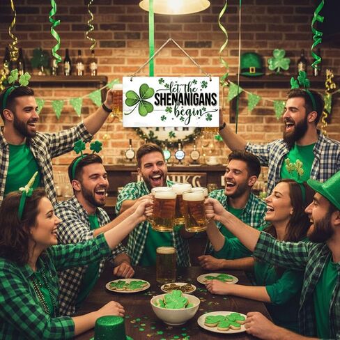 ديكورات خشبية معلقة لعيد القديس باتريك - "Let the Shenanigans Begin" لوحة فنية جدارية، لافتة للمنزل والباب، ديكور أيرلندي ذو طابع شامروك لمستلزمات حفلات القديس باتريك المنزلية (أبيض) in Kuwait