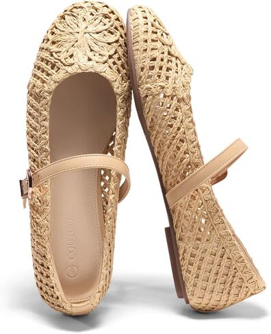 Coutgo Womens Mary Jane Woven Flats Round Toe Ballet Flats Dressy Comfortable Slip On Shoes in Kuwait