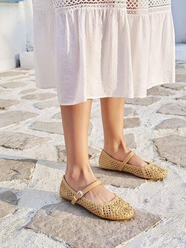 Coutgo Womens Mary Jane Woven Flats Round Toe Ballet Flats Dressy Comfortable Slip On Shoes in Kuwait