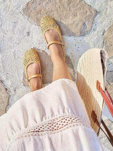 Coutgo Womens Mary Jane Woven Flats Round Toe Ballet Flats Dressy Comfortable Slip On Shoes in Kuwait