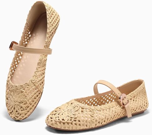Coutgo Womens Mary Jane Woven Flats Round Toe Ballet Flats Dressy Comfortable Slip On Shoes in Kuwait