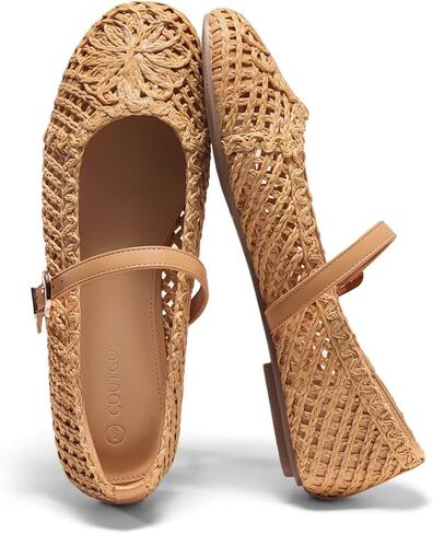 Coutgo Womens Mary Jane Woven Flats Round Toe Ballet Flats Dressy Comfortable Slip On Shoes in Kuwait