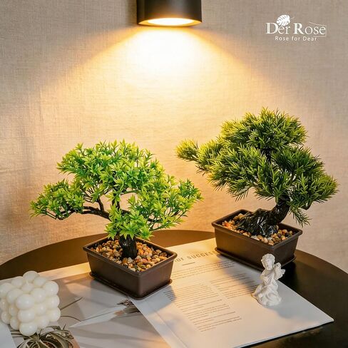 Der Rose 2Pcs Small Fake Plants Artificial Bonsai Tree Set Ficus and Cedar for Office Desk Shelf Room Home Zen Decor Indoor in Kuwait
