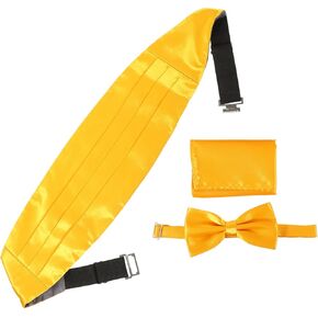 طقم ربطة عنق ومنديل للرجال من Cummerbund، نسيج بوليستر ناعم، أصفر، إكسسوارات الزفاف والحفلات الرسمية للرجال in Kuwait