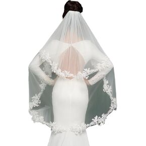 2 Tier Fingertip Length Lace Wedding Bridal Veil with Comb for Bride in Kuwait