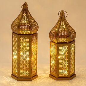 مجموعة من 2 ديكورات رمضان 16 بوصة 14 بوصة LED فانوس معدني ذهبي عتيق فوانيس شمعة مغربية مع أضواء ديكور رمضان للطاولة والجدار والنافذة والفناء والشرفة وديكور المنزل في الأماكن المغلقة والمفتوحة in Kuwait