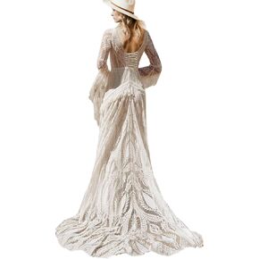Women Beach Lace Wedding Dress V Neck Long Bell Sleeves Boho Tasseled Formal Bridal Gowns for Bride in Saudi Arabia