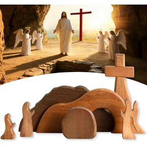 The Empty Tomb Easter Scene Set - 7-Piece, Christian Cross Decorations, Decorations Religious Jesus Tomb Easter Kit Display for The Home, Tabletop, Office - Wooden (Warm-Brown) in Saudi Arabia