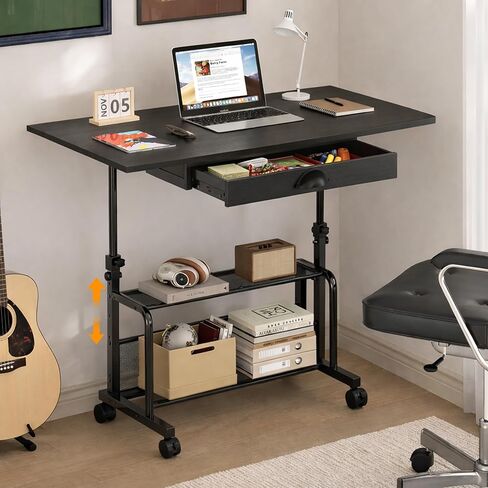 Adjustable Height Small Computer Desk with Drawers, Portable Rolling Desk for Seated Use, 32" Laptop Desk for Home Office Bedroom Living Room, Black in Saudi Arabia
