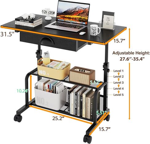 Adjustable Height Small Computer Desk with Drawers, Portable Rolling Desk for Seated Use, 32" Laptop Desk for Home Office Bedroom Living Room, Black in Saudi Arabia