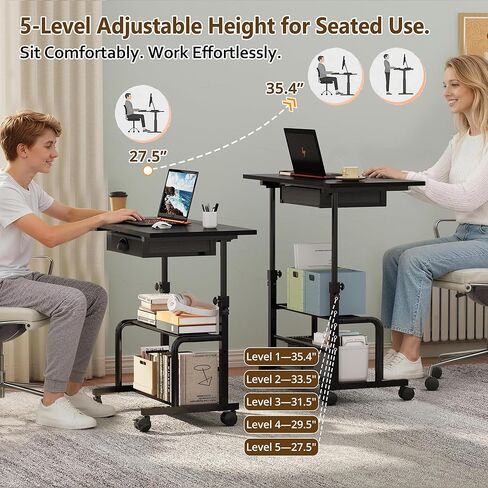 Adjustable Height Small Computer Desk with Drawers, Portable Rolling Desk for Seated Use, 32" Laptop Desk for Home Office Bedroom Living Room, Black in Saudi Arabia