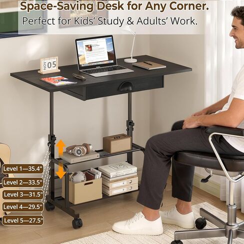Adjustable Height Small Computer Desk with Drawers, Portable Rolling Desk for Seated Use, 32" Laptop Desk for Home Office Bedroom Living Room, Black in Saudi Arabia