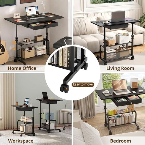 Adjustable Height Small Computer Desk with Drawers, Portable Rolling Desk for Seated Use, 32" Laptop Desk for Home Office Bedroom Living Room, Black in Saudi Arabia