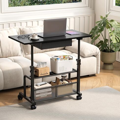 Adjustable Height Small Computer Desk with Drawers, Portable Rolling Desk for Seated Use, 32" Laptop Desk for Home Office Bedroom Living Room, Black in Saudi Arabia