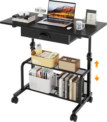 Adjustable Height Small Computer Desk with Drawers, Portable Rolling Desk for Seated Use, 32" Laptop Desk for Home Office Bedroom Living Room, Black in Saudi Arabia