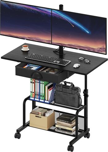 Adjustable Height Small Computer Desk with Drawers, Portable Rolling Desk for Seated Use, 32" Laptop Desk for Home Office Bedroom Living Room, Black in Saudi Arabia