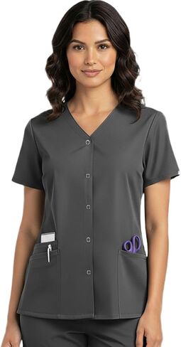 HEEDFIT Women’s Snap Front Scrub Top, 3 Pockets V-Neck Medical Uniform Shirt, Short Sleeve in Saudi Arabia