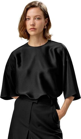 LilySilk Womens Pure Silk Blouse Ladies 32MM Double-Faced Silk Basic Top 3/4 Sleeves Crewneck in Saudi Arabia