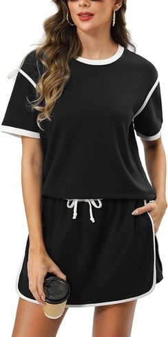 Marvmys مجموعات سكورت للسيدات مكونة من قطعتين ملابس ملونة بأكمام قصيرة تي شيرت سكورت مجموعات صالة متطابقة مع جيوب in Kuwait