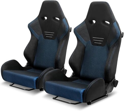 Spec-D Tuning Black Suede Premium، خياطة حمراء، مقاعد سباق قابلة للإمالة بالكامل مع مزلقات مزدوجة، حزام أمان ذو 4 نقاط متوافق، مقعدان يسار + يمين in Kuwait