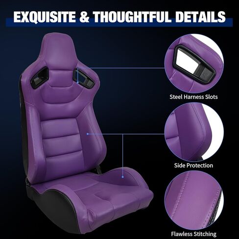 FREEMOTOR802 Racing Seats with Dual Lock Sliders, Universal For Most Cars Vehicles First Row, 1 Pair Reclinable Sport Bucket Seats, PU Carbon Fiber Look Leatherette, Purple in Saudi Arabia