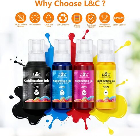 Sublimation Ink for Epson ET-2800 ET-2840 ET-15000 ET-2400 ET-2720 ET-2803 ET-2850 ET-2750 ET-2760 ET-4800 Inkjet Printers Vibrant Colors Non-Fading Easy Heat Press Transfer for Mugs T-Shirts Fabrics in Kuwait