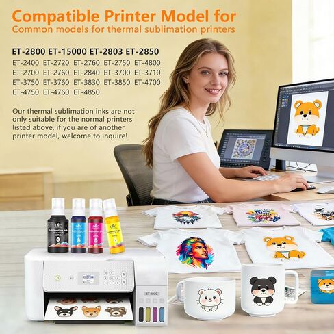 Sublimation Ink for Epson ET-2800 ET-2840 ET-15000 ET-2400 ET-2720 ET-2803 ET-2850 ET-2750 ET-2760 ET-4800 Inkjet Printers Vibrant Colors Non-Fading Easy Heat Press Transfer for Mugs T-Shirts Fabrics in Kuwait