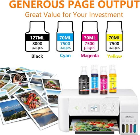 Sublimation Ink for Epson ET-2800 ET-2840 ET-15000 ET-2400 ET-2720 ET-2803 ET-2850 ET-2750 ET-2760 ET-4800 Inkjet Printers Vibrant Colors Non-Fading Easy Heat Press Transfer for Mugs T-Shirts Fabrics in Kuwait