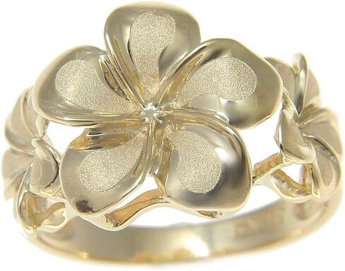 Arthur's Jewelry Solid 14k yellow gold 8.5mm-13mm-8.5mm Hawaiian plumeria flower ring in Kuwait