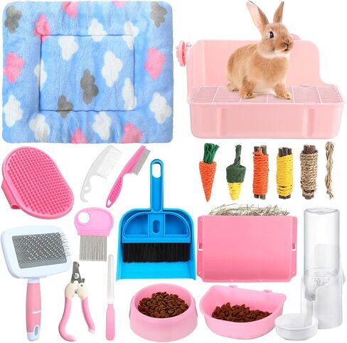 20 PCS Rabbit Starter Kit Small Bunny Streter Box Kit Animal Grooming Kit with Hanging Pet Bowls Bott Bunny Toys Flannel Bannels with Cleaning Tet for Ginea Pig Rabbitico (Pink) in Kuwait