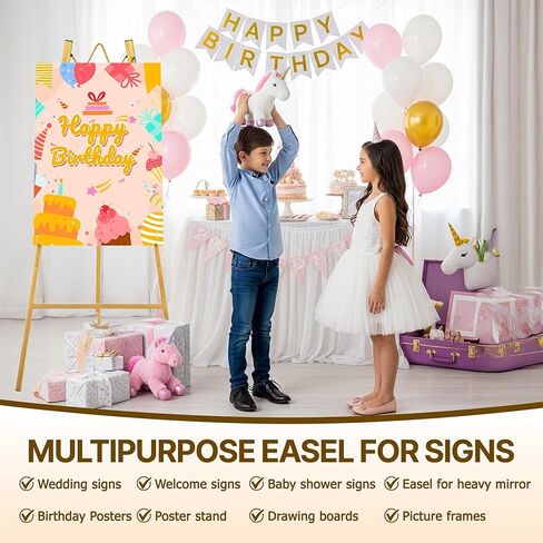 حامل حامل ذهبي مقاس 57.5 بوصة للعلامة، حامل لافتة الزفاف للعرض، التجميع مطلوب، 4 مستويات ارتفاع قابلة للتعديل، حامل عرض معدني شديد التحمل، حوامل ثابتة على الأرض للفنون واللوحات والصور in Kuwait