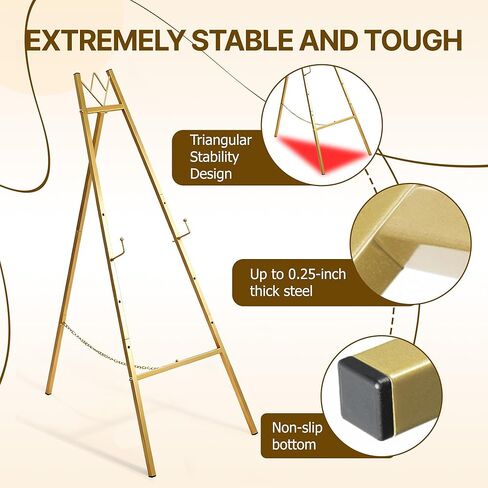 حامل حامل ذهبي مقاس 57.5 بوصة للعلامة، حامل لافتة الزفاف للعرض، التجميع مطلوب، 4 مستويات ارتفاع قابلة للتعديل، حامل عرض معدني شديد التحمل، حوامل ثابتة على الأرض للفنون واللوحات والصور in Kuwait