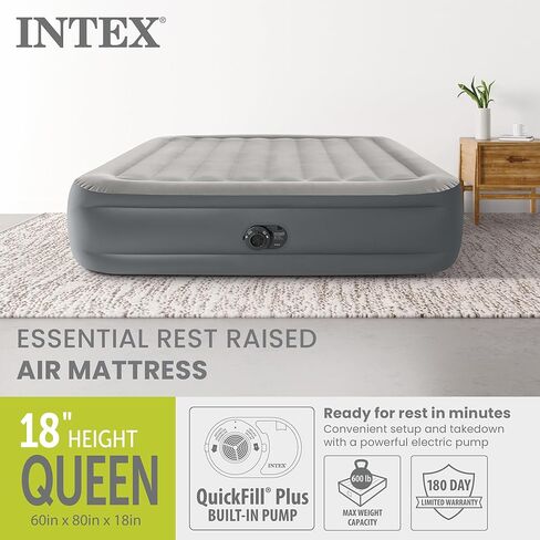 INTEX Dura-Beam Plus Essential Rest Air Mattress Fiber-Tech Queen Size Built-in Electric Pump, 18in Bed Height, 600lb Weight Capacity, Grey in Saudi Arabia