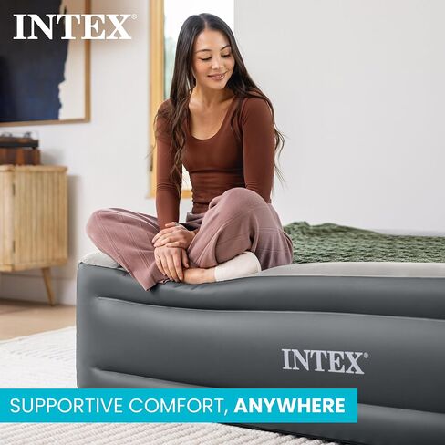 INTEX Dura-Beam Plus Essential Rest Air Mattress Fiber-Tech Queen Size Built-in Electric Pump, 18in Bed Height, 600lb Weight Capacity, Grey in Saudi Arabia