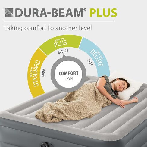 INTEX Dura-Beam Plus Essential Rest Air Mattress Fiber-Tech Queen Size Built-in Electric Pump, 18in Bed Height, 600lb Weight Capacity, Grey in Saudi Arabia