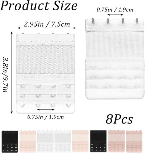 8Pcs Bra Extender 4 Hook, Bra Extensions 4 Hook Plus Size for Women, Stretchy Elastic Bras Band Strap Hooks and Eye, 3 Rows, Comfortable Fit for Women, 3.8" x 2.95" (With 3/4" Hooks Center Spacing) in Saudi Arabia
