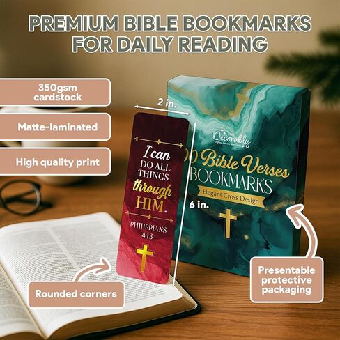 Decorably 100 Pack 2x6in Gold Foil Religious Bookmarks Bulk with Bible Verses Set - 50 Inspirational Double-Sided Designs with Elegant Cross for Journals, Faithful Reflection, and Gift in Saudi Arabia