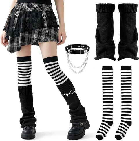 Jeasona لتدفئة الساق والذراع للنساء والفتيات، جوارب مضلعة بنمط Goth Emo للارتداء اليومي والحفلات والحفلات التنكرية in Kuwait