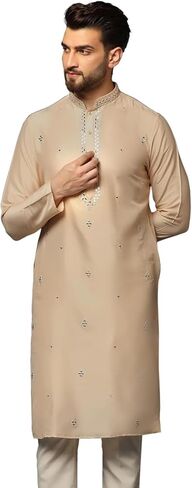 KISAH Men's Kurta – Mirror Work Embroidery Cotton Blend Tunic with Mandarin Collar, Regular Fit – Indian Wedding Outfit for Men – Festive Wear for Diwali, Eid & Celebrations, Cream, 38 in Saudi Arabia