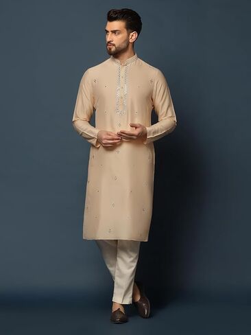 KISAH Men's Kurta – Mirror Work Embroidery Cotton Blend Tunic with Mandarin Collar, Regular Fit – Indian Wedding Outfit for Men – Festive Wear for Diwali, Eid & Celebrations, Cream, 38 in Saudi Arabia
