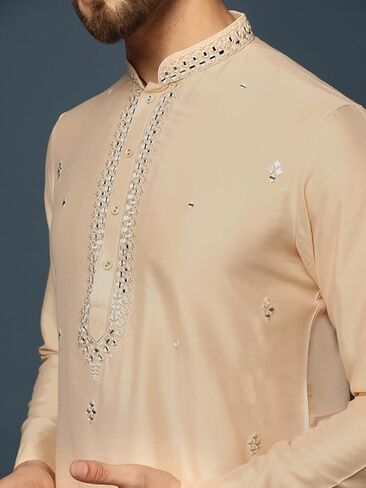 KISAH Men's Kurta – Mirror Work Embroidery Cotton Blend Tunic with Mandarin Collar, Regular Fit – Indian Wedding Outfit for Men – Festive Wear for Diwali, Eid & Celebrations, Cream, 38 in Saudi Arabia