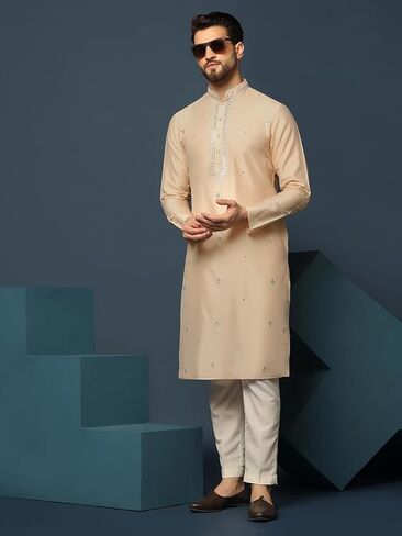 KISAH Men's Kurta – Mirror Work Embroidery Cotton Blend Tunic with Mandarin Collar, Regular Fit – Indian Wedding Outfit for Men – Festive Wear for Diwali, Eid & Celebrations, Cream, 38 in Saudi Arabia